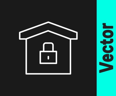 Beyaz Saray koruma altında. Siyah arka planda izole edilmiş bir ikon. Eve git ve kilitle. Koruma, güvenlik, güvenlik, koruma, savunma konsepti. Vektör İllüstrasyonu.