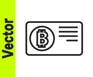 Beyaz zemin üzerinde bitcoin simgesi olan siyah çizgi kredi kartı. Çevrimiçi ödeme. Nakit çekilmesi. Modern ödeme yöntemi. Vektör.