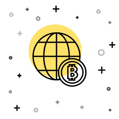Siyah çizgi Globe ve kripto para birimi simgesi Bitcoin beyaz arka planda izole edildi. Madeni para. Engelleme zinciri tabanlı şifreli para birimi. Rastgele dinamik şekiller. Vektör.