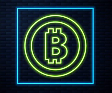 Parlayan neon hattı kripto para sikkesi Bitcoin simgesi tuğla duvar arka planında izole edildi. Madeni para. Engelleme zinciri tabanlı şifreli para birimi. Vektör.
