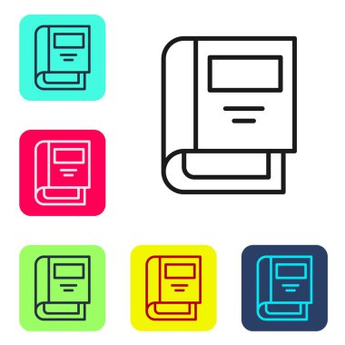 Siyah çizgi tarih ikonu beyaz arkaplanda izole edildi. Renkli kare düğmelerle simgeleri ayarla. Vektör.