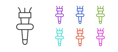 Siyah çizgi alev ikonu beyaz arkaplanda izole edildi. Sembol ateşi sıcak, alev gücü, alev ve ısı. Simgeleri renklendirin. Vektör.