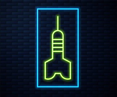 Parlayan neon çizgi ok simgesi tuğla duvar arkasında izole edildi. Vektör.