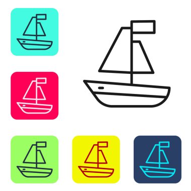 Siyah çizgi oyuncak tekne ikonu beyaz arkaplanda izole edildi. Renkli kare düğmelerle simgeleri ayarla. Vektör.