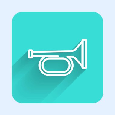 Beyaz çizgi Trompet ikonu uzun gölgeli izole edilmiş. Müzik aleti trompeti. Yeşil kare düğmesi. Vektör.