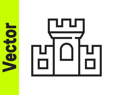 Beyaz arka planda siyah çizgi Castle simgesi izole edildi. Kulesi olan bir ortaçağ kalesi. Düşmanlardan koruma. Şehrin güvenilirliği ve savunması. Vektör.