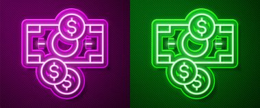 Parlak neon hattı kağıt para yığını ve dolar sembollü para mor ve yeşil arka planda izole edilmiş dolar simgesi. Para desteleri. Vektör.