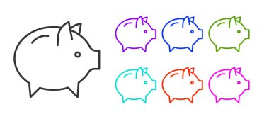 Siyah çizgi domuz kumbarası simgesi beyaz arkaplanda izole edilmiş. Tasarruf ya da para birikimi, yatırım. Simgeleri renklendirin. Vektör.