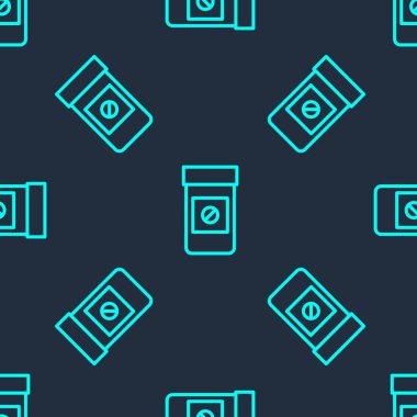 Yeşil çizgi spor doping, anabolik uyuşturucu ikonu mavi arka planda izole edilmiş kusursuz desen. Anabolik steroid tableti. Haplar kavanozda. Vektör.