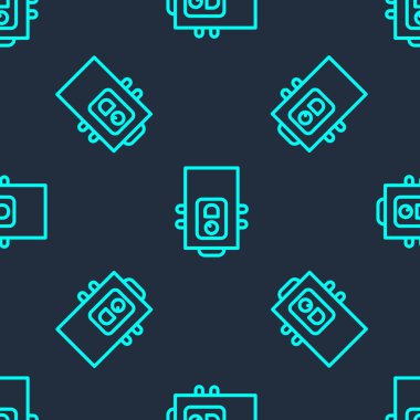 Yanan ateş ikonuna sahip yeşil çizgi kazanı mavi arka planda izole edilmiş pürüzsüz desen. Vektör.