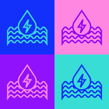 Pop Art Line Su Enerji ikonu renk arkaplanında izole edildi. Su damlacıklarıyla ekoloji kavramı. Alternatif enerji kavramı. Vektör.