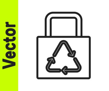 Beyaz zemin üzerinde geri dönüşüm simgesi olan siyah çizgi kağıt alışveriş torbası. Geri dönüşüm sembollü çanta. Vektör.