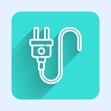 Beyaz çizgi elektrik dolgu simgesi uzun gölgeli izole edilmiş. Bağlantı kavramı ve elektriğin kesilmesi. Yeşil kare düğmesi. Vektör.