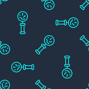 Büyüteç simgesi altındaki yeşil çizgi mikroorganizmaları mavi arkaplanda izole edilmiş pürüzsüz desen. Bakteri ve mikroplar, hücre kanseri, mikrop, virüs, mantar. Vektör.