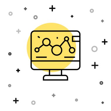 Laptop simgesindeki siyah çizgi genetik mühendisliği modifikasyonu beyaz arka planda izole edildi. DNA analizi, genetik testler, klonlama. Rastgele dinamik şekiller. Vektör.