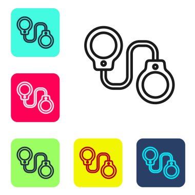 Beyaz arka planda siyah çizgi kelepçe ikonu izole edildi. Renkli kare düğmelerle simgeleri ayarla. Vektör.