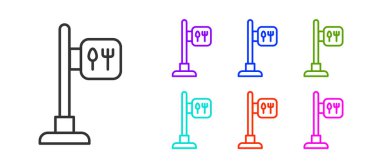 Siyah çizgili kafe ve restoran konumu simgesi beyaz arka planda izole edildi. Noktanın içinde çatal ve kaşık yeme işareti var. Simgeleri renklendirin. Vektör..