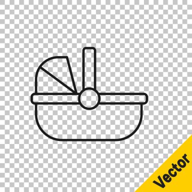 Siyah çizgi bebek arabası simgesi şeffaf arkaplanda izole edildi. Bebek arabası, at arabası, bebek arabası, bebek arabası, tekerlek. Vektör.