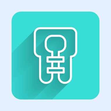 Beyaz çizgi Hayat Ceketi simgesi uzun gölgeli izole edilmiş. Can yeleği ikonu. Olağanüstü bir spor. Spor malzemeleri. Yeşil kare düğmesi. Vektör.