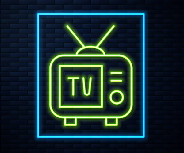 Gloeiende Neon Lijn Retro Icoon Geïsoleerd Bakstenen Muur Achtergrond Televisieteken — Stockvector