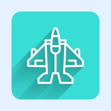Beyaz çizgi Jet savaş ikonu uzun gölgeli izole edilmiş. Askeri uçak. Yeşil kare düğmesi. Vektör.