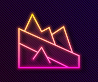 Parlayan neon hattı dağ iniş simgesi siyah arkaplanda izole edildi. Zaferin ya da başarının sembolü. Vektör.