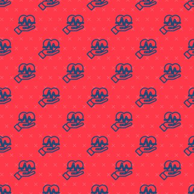 Mavi çizgi kalp atış ikonu kırmızı arka planda izole edilmiş. Kalp atışı işareti. Kalp atışı ikonu. Kardiyogram simgesi. Vektör.