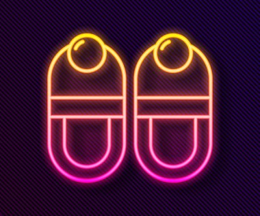 Parlayan neon çizgili Terlik simgesi siyah arkaplanda izole edildi. Parmak arası terlik işareti. Vektör.