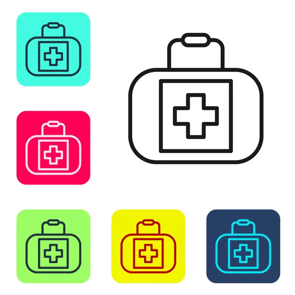 黑线急救箱图标隔离在白色背景 有交叉的医疗盒紧急医疗设备 卫生保健概念 在彩色正方形按钮中设置图标 — 图库矢量图片