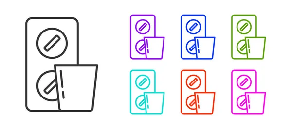 黑线药丸在水泡包装图标孤立在白色背景 维生素 抗生素 阿司匹林的药包 设置彩色图标 — 图库矢量图片