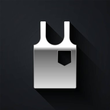 Siyah arkaplanda gümüş kolsuz tişört simgesi var. Uzun gölge tarzı. Vektör İllüstrasyonu.