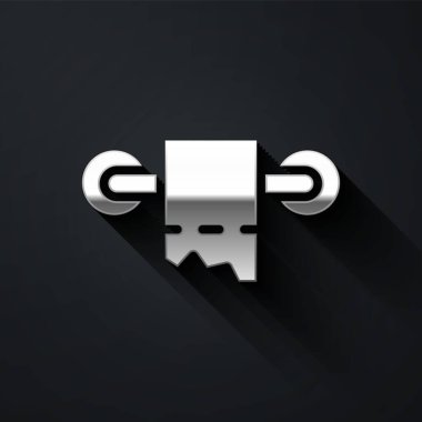 Gümüş tuvalet kağıdı rulosu simgesi siyah arka planda izole edilmiş. Uzun gölge tarzı. Vektör.