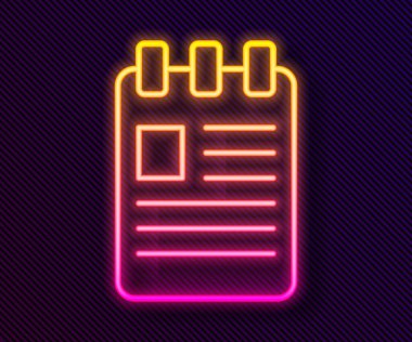 Parlayan neon çizgisi Not Defteri simgesi siyah arkaplanda izole edildi. Spiral not defteri simgesi. Okul defteri. Yazı tahtası. Okul günlüğü. Vektör İllüstrasyonu.