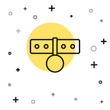 Beyaz arkaplanda isim etiketi simgesi olan siyah çizgi tasması. Evcil hayvanlar için basit malzemeler. Kedi köpek bakımı. Evcil hayvan zincirleri. Rastgele dinamik şekiller. Vektör.