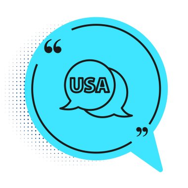 Siyah çizgi ABD etiket simgesi beyaz arkaplanda izole edildi. Amerika Birleşik Devletleri. Mavi konuşma balonu sembolü. Vektör.