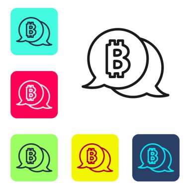 Siyah çizgi kripto para birimi Bitcoin simgesi beyaz arka planda izole edildi. Madeni para. Engelleme zinciri tabanlı şifreli para birimi. Renkli kare düğmelerle simgeleri ayarla. Vektör.