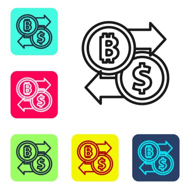 Siyah çizgi kripto döviz simgesi beyaz arkaplanda izole edildi. Bitcoin 'den dolar takas simgesine. Kripto para teknolojisi, mobil bankacılık. Renkli kare düğmelerle simgeleri ayarla. Vektör.