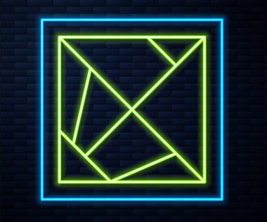Parlayan neon çizgisi Rubik küp simgesi tuğla duvar arka planında izole edildi. Mekanik yapboz oyuncağı. Rubik 'in 3 boyutlu küp kombinasyon bulmacası. Vektör.