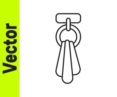 Beyaz arka planda izole edilmiş bir askı simgesinde siyah çizgi havlusu. Banyo havlusu ikonu. Vektör.