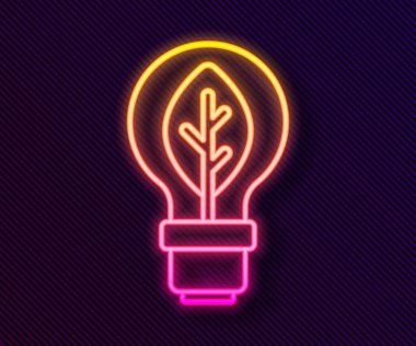 Siyah zemin üzerinde yaprak simgesi olan parlak neon çizgisi ampul. Çevre enerjisi kavramı. Alternatif enerji kavramı. Vektör.