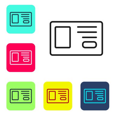 Beyaz arkaplanda siyah çizgi tanımlama simgesi izole edildi. Sunum için, şirketin kimliği için, reklam için kullanılabilir. Renkli kare düğmelerle simgeleri ayarla. Vektör.