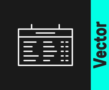 Beyaz çizgi tren istasyonu simgesi siyah arkaplanda izole edildi. Mekanik skor tabelası. Trendeki billboarddaki uçuş bilgileri. Vektör.