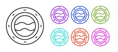 Perçin ve deniz manzaralı siyah çizgili gemi penceresi beyaz arka planda izole edilmiş. Simgeleri renklendirin. Vektör.