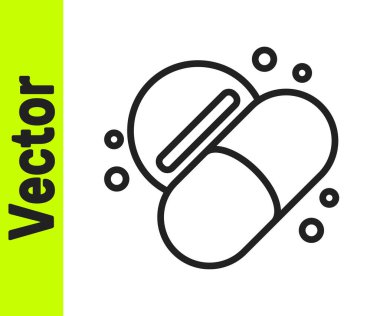 Siyah çizgi ilaç hapı ya da beyaz arkaplanda izole edilmiş tablet ikonu. Kapsül hapı ve uyuşturucu işareti. Eczane tasarımı. Vektör.