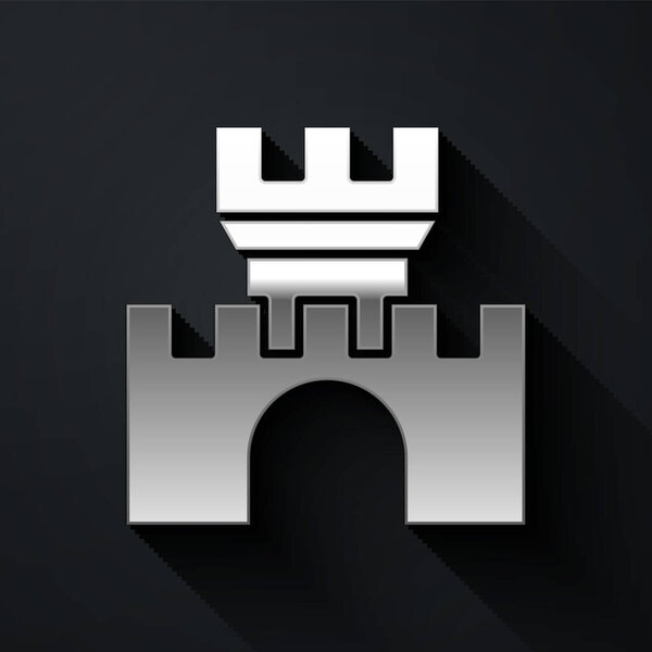 Silver Castle icon isolated on black background. Medieval fortress with a tower. Protection from enemies. Reliability and defense of the city. Long shadow style. Vector.