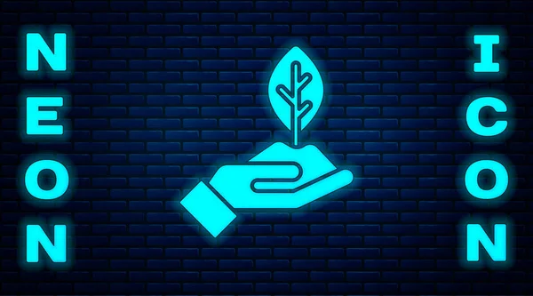 Planta Neón Brillante Mano Del Icono Protección Del Medio Ambiente — Vector de stock