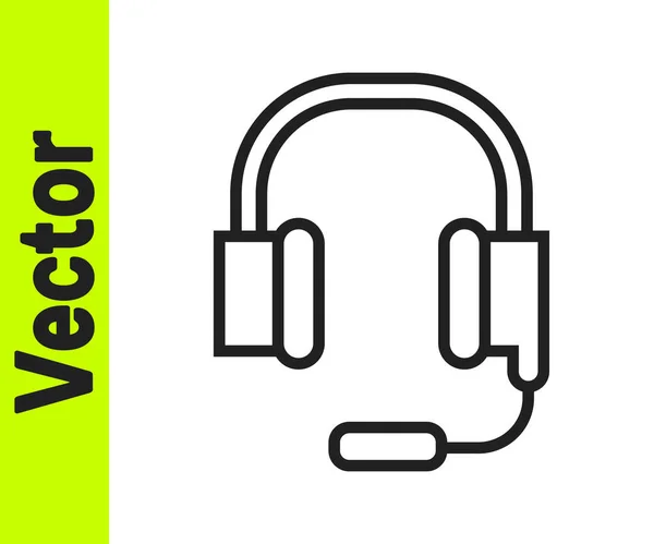 Black Line Headphones Microphone Icon Isolated White Background Vector — Stock Vector