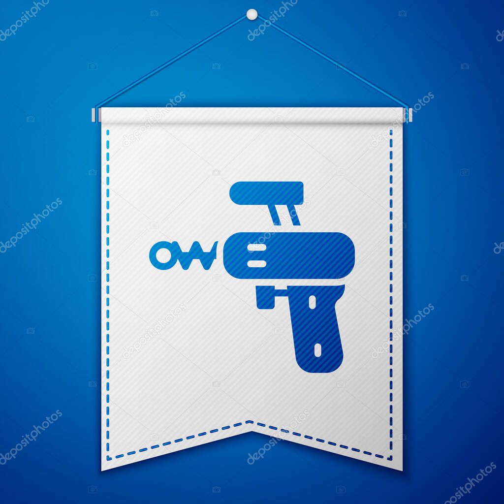 Blue Ray gun icon isolated on blue background. Laser weapon. Space blaster. White pennant template. Vector.
