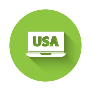 Beyaz Amerika Birleşik Devletleri dizüstü bilgisayar ikonu uzun gölgeli. Yeşil daire düğmesi. Vektör.
