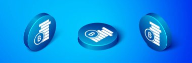 Mavi arka planda izole edilmiş Isometric Crypto coin simgesi. Madeni para. Engelleme zinciri tabanlı şifreli para birimi. Mavi daire düğmesi. Vektör.